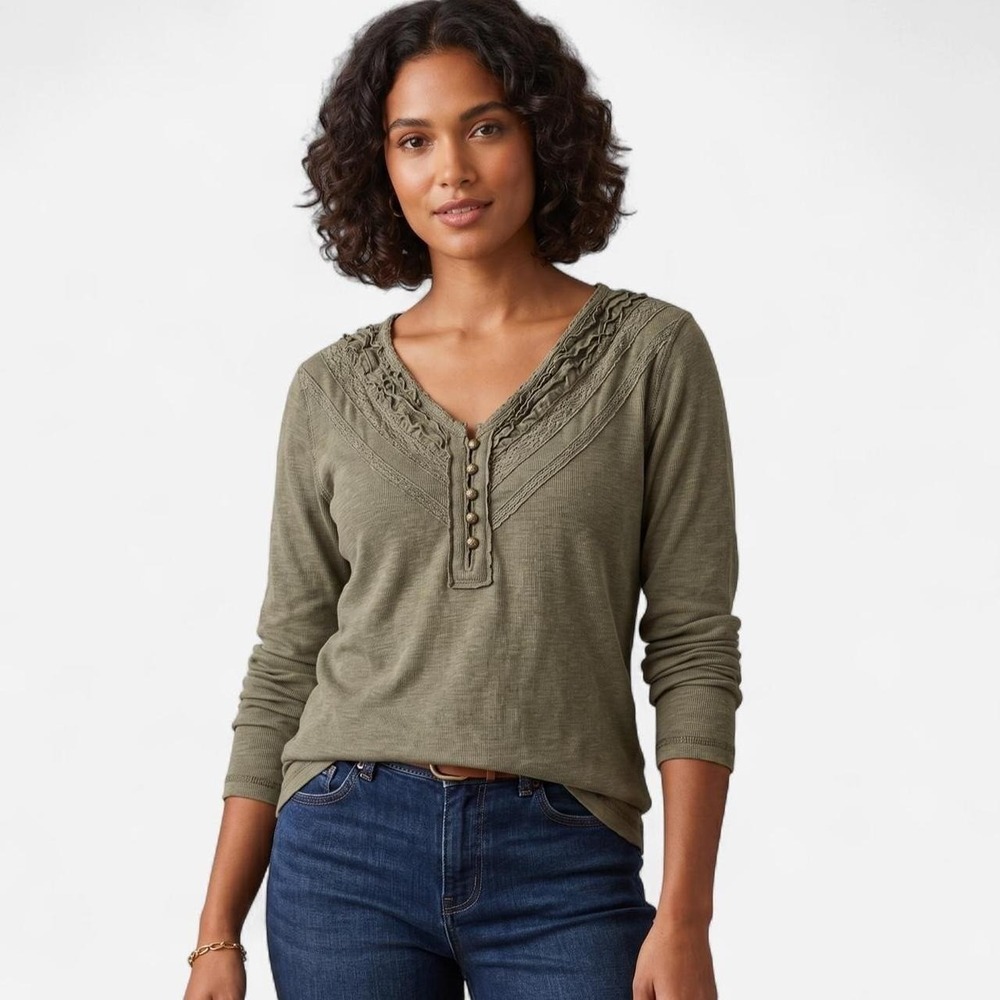 Lucky Brand Olive Green Embroidered Yoke Henley Top Womens XL